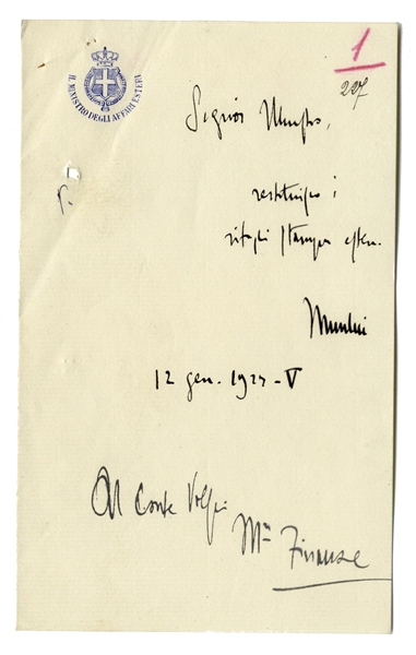 Benito Mussolini Autograph Letter Signed